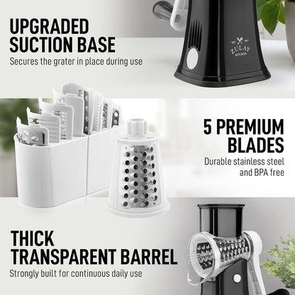 Zulay Kitchen Rotary Cheese Grater 5 Blade Cheese Shredder - Manual Hand Crank Cheese Grater With Reinforced Suction & 5 Interchangeable Drums - Easy to Use, Vegetable Chopper Round Mandoline Slicer - Colors B