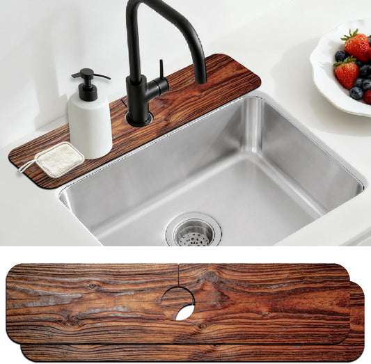 2 Pcs Kitchen Sink Splash Guard Faucet Mat Wood Grain Pattern Faucet Mat for Sinks Natural Wood Color Absorbing Drying Mat for Kitchen Bathroom, 23.6x5.5inch