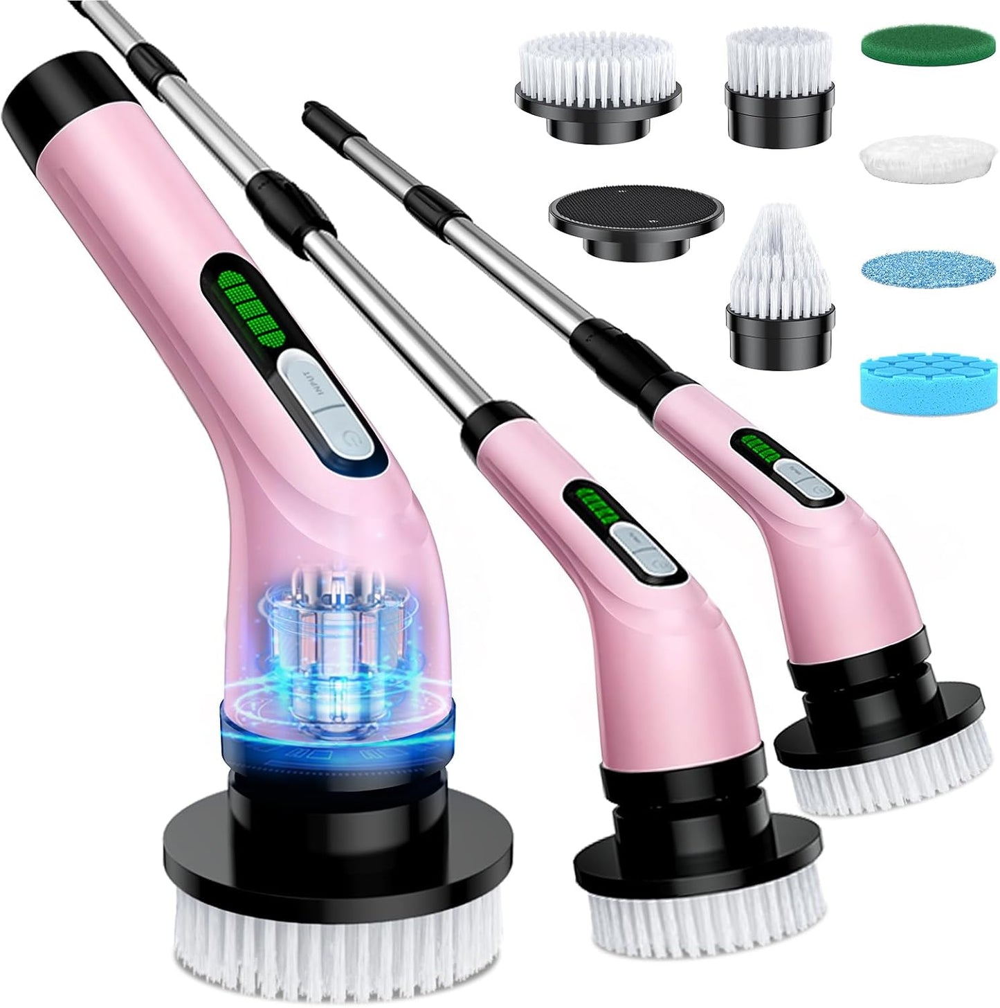 Electric Spin Scrubber, 2-Speed Cleaning Brush, Extendable Handle (White) | Includes 7 reusable brush heads and an IPX7-rated design for cleaning bathrooms, showers, kitchens, tile, floors, and grout