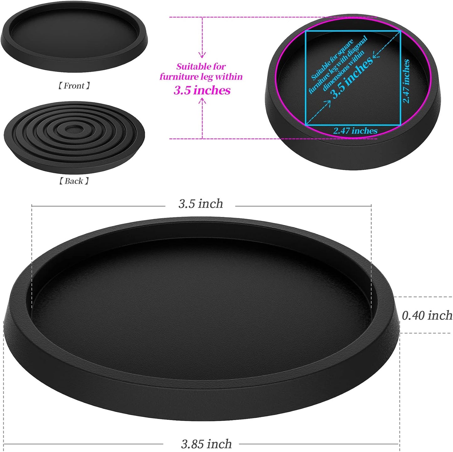 Furniture Coasters,Caster Cups,Furniture Leg Protectors 2.5 Inch 4pcs Rubber Pads no Slip for Hardwood Floors Black