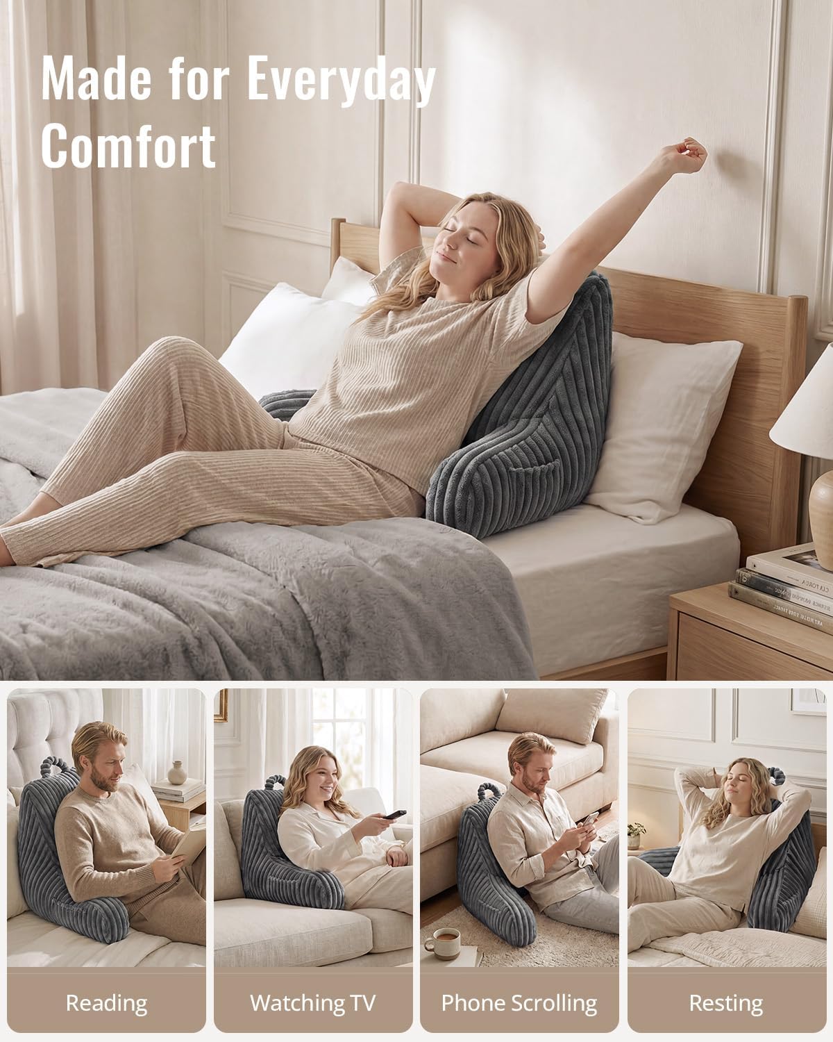 Blissful Diary Reading Pillow, Backrest Pillow with Shredded Memory Foam for Adult & Children, Designed for Bed and Couch Sitting Up, Includes Arms, Pockets and Washable Cover, Off White