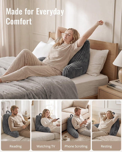 Blissful Diary Reading Pillow, Backrest Pillow with Shredded Memory Foam for Adult & Children, Designed for Bed and Couch Sitting Up, Includes Arms, Pockets and Washable Cover, Off White