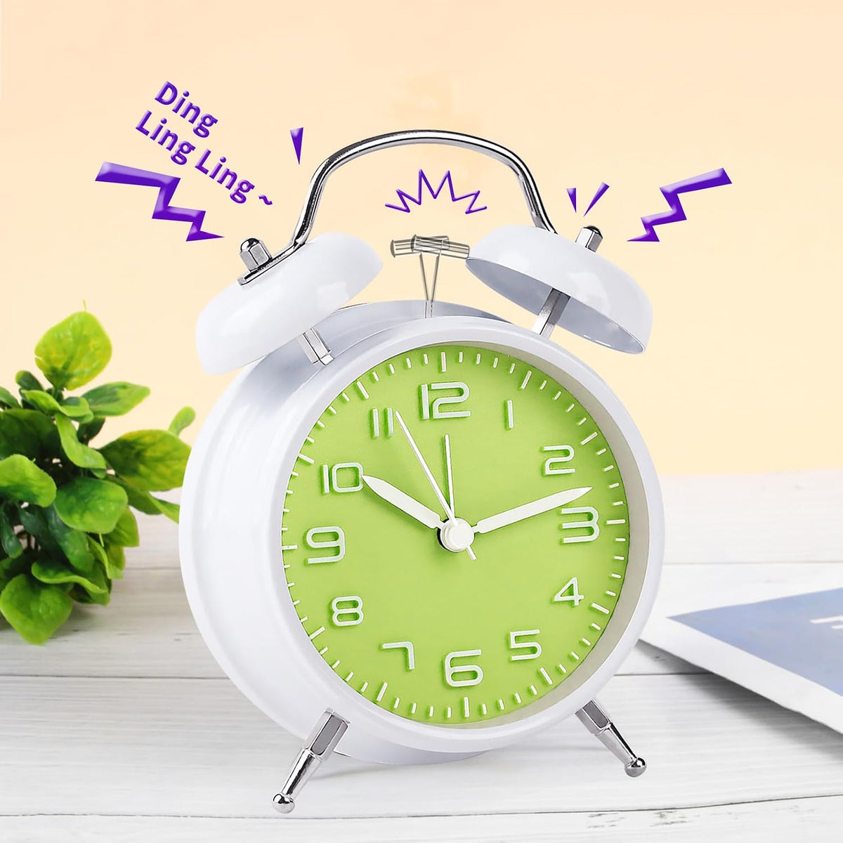 pxy Loud Alarm Clock for Heavy Sleepers 3D Dial Battery Operated (Battery Include), 4" Super Silent Analog Alarm Clock for Kids with Night Light PT260 Silver OrangePT505 Green White