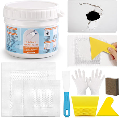 Drywall Repair Kit, Drywall Patch Repair Kit with 8.8OZ White Wall Repair Putty, Scraper Sandpapers Gloves for Heavy Duty Plaster Wall Repair, Easy to Fill Holes in Home Wall & Quick Repair Crack