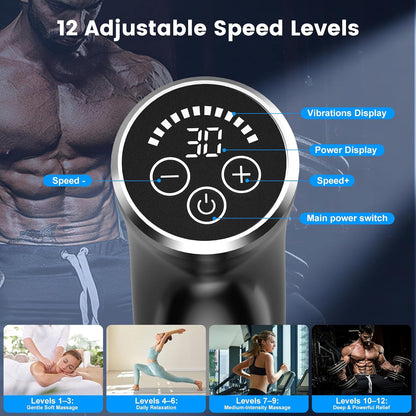 Detachable Percussion Massage Gun, Long Handle Handheld Deep Tissue Massager with 12 Speeds 4 Heads, Electric Muscle Relaxer for Back Shoulder Waist, Suitable for Men Women Athletes Home Gym Workout
