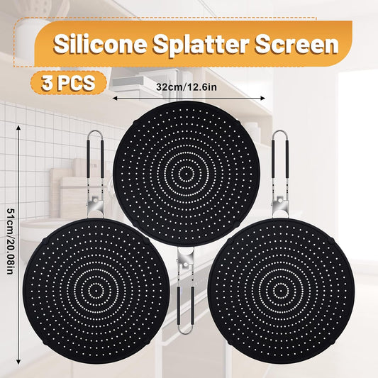 3 Pcs Silicone Splatter Screen for Frying Pan Grease Oil Splatter Foldable Splash Guard Heat Resistant Multi Use for Baking and Cooking(Black)