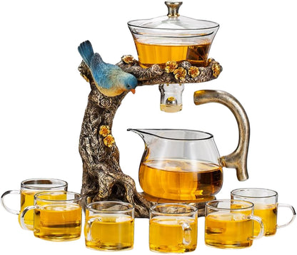 Glass Teapot Set Animal Bird Design Semi-automatic Drip Rotating Bowl with Infuser Lazy Kungfu Tea Pot Set (teapot)