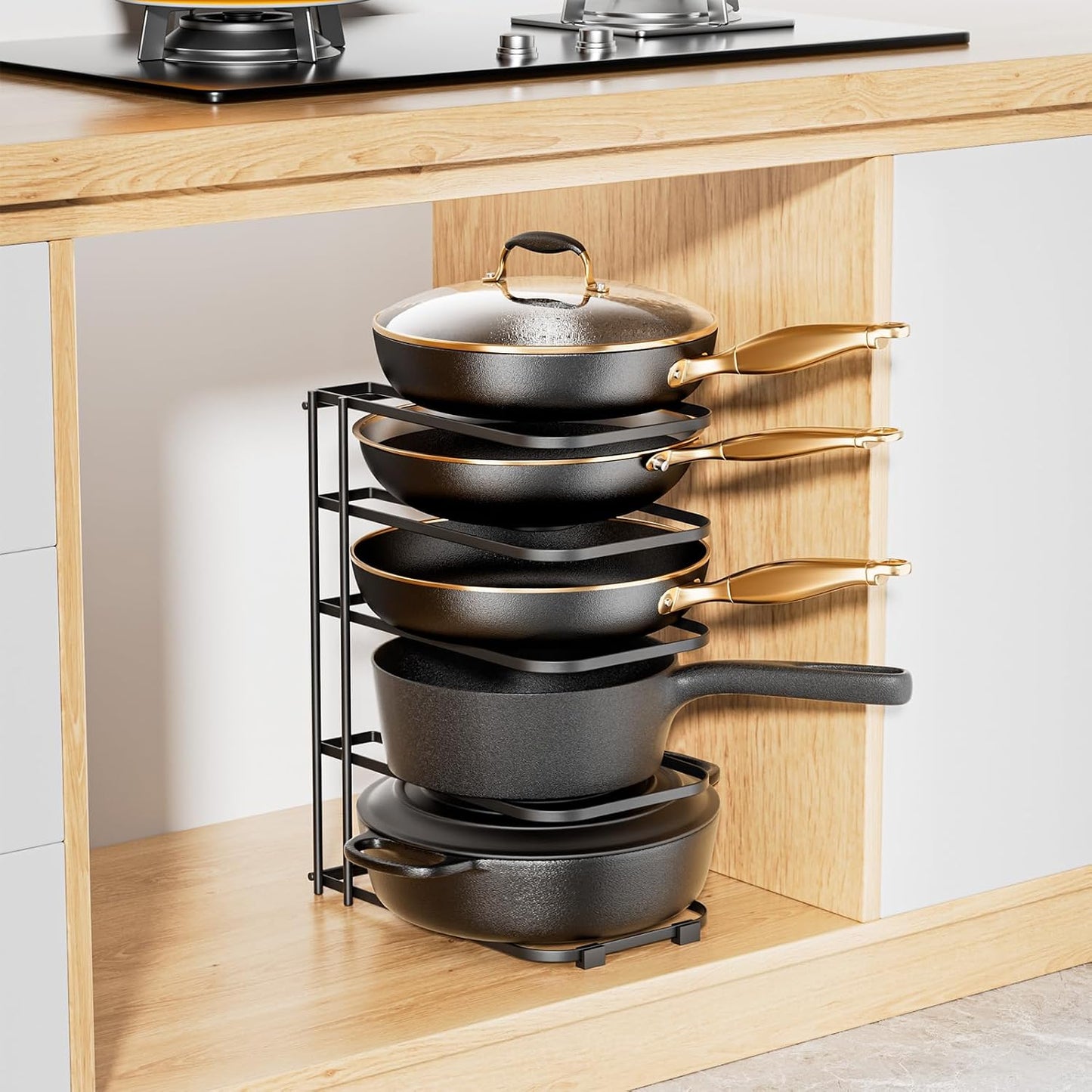 5-Tier Pot and Pan Organizer 13.6", No Assembly Cookware Rack 1-Pack | One-piece Design, Multi-height Layered,Anti-Tip Structure, Dual Vertical & Horizontal Use, Fits Cast Iron Pans & Dutch Ovens