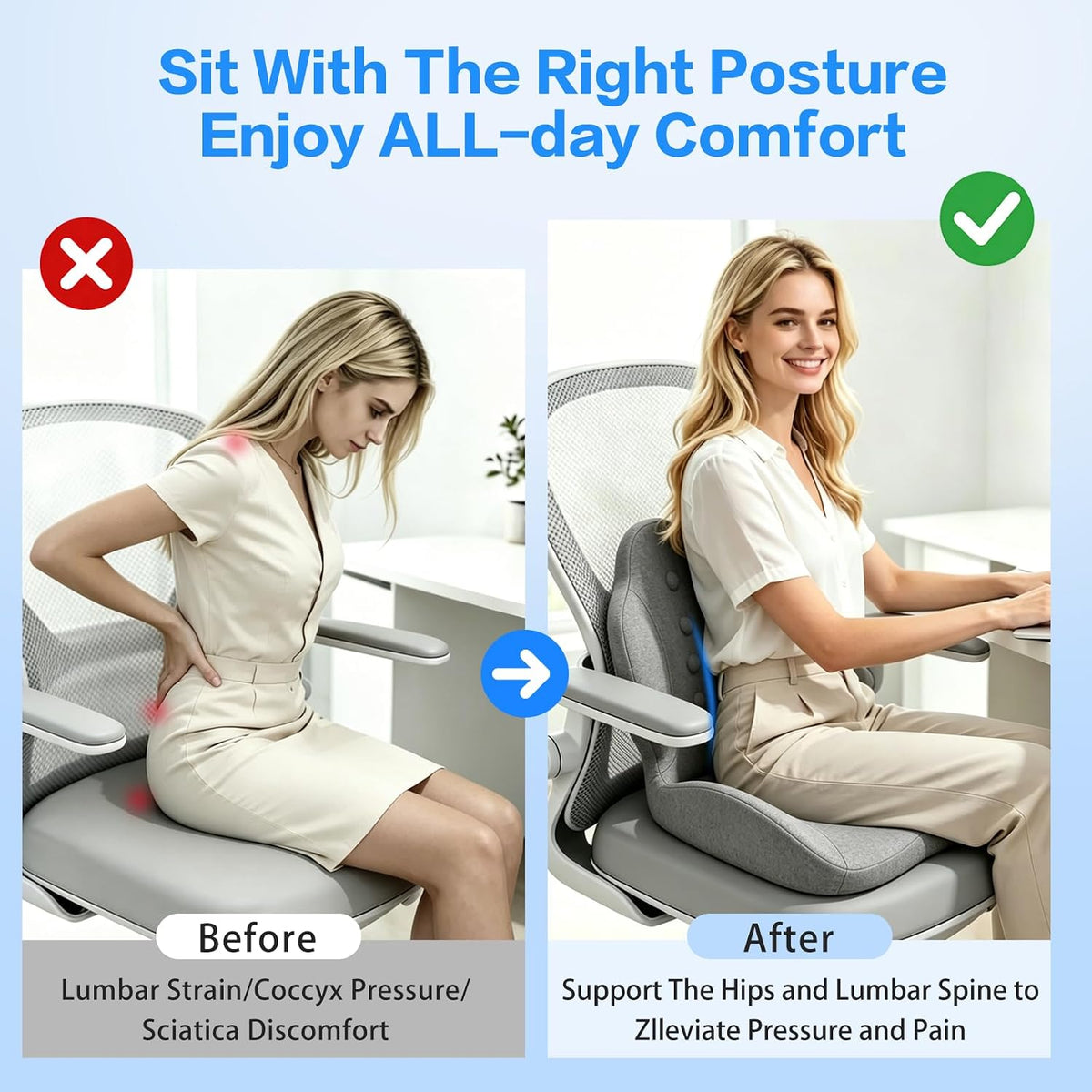 Memory Foam Seat Cushion with Lumbar Support for Sciatica & Tailbone Pain Relief, Fit Office Chair, Wheelchair, Car Seat, Airplane, Long Sitting Workers & Drivers (Gray)