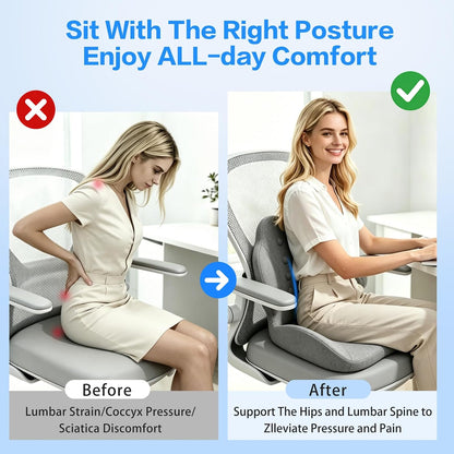 Memory Foam Seat Cushion with Lumbar Support for Sciatica & Tailbone Pain Relief, Fit Office Chair, Wheelchair, Car Seat, Airplane, Long Sitting Workers & Drivers (Gray)