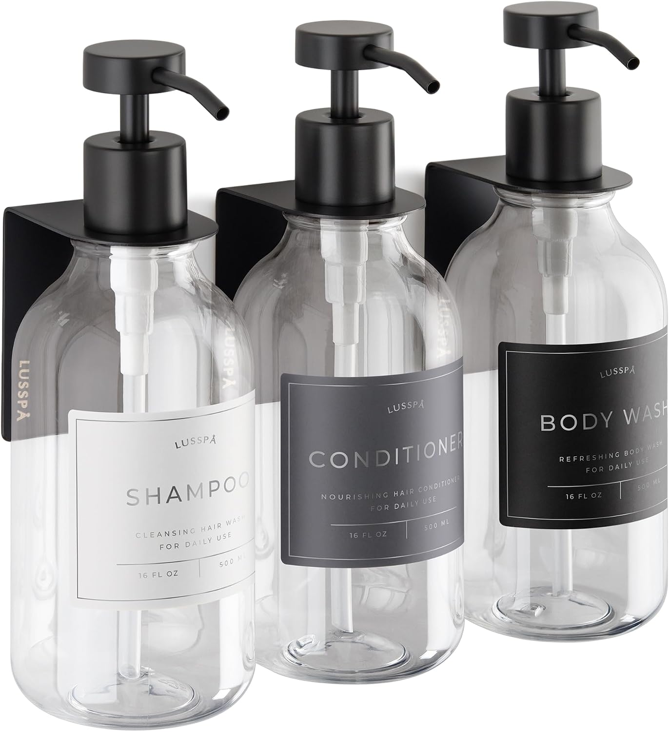 Shower Shampoo Dispenser Wall Mounted – 3 Refillable 16.9 oz Clear Bottles with Stainless Steel Pumps & No-Drill Adhesive Holders – Soap Dispenser Set for Bathroom (3 X Clear/Silver)