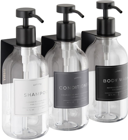 Shower Shampoo Dispenser Wall Mounted – 3 Refillable 16.9 oz Clear Bottles with Stainless Steel Pumps & No-Drill Adhesive Holders – Soap Dispenser Set for Bathroom (3 X Clear/Silver)