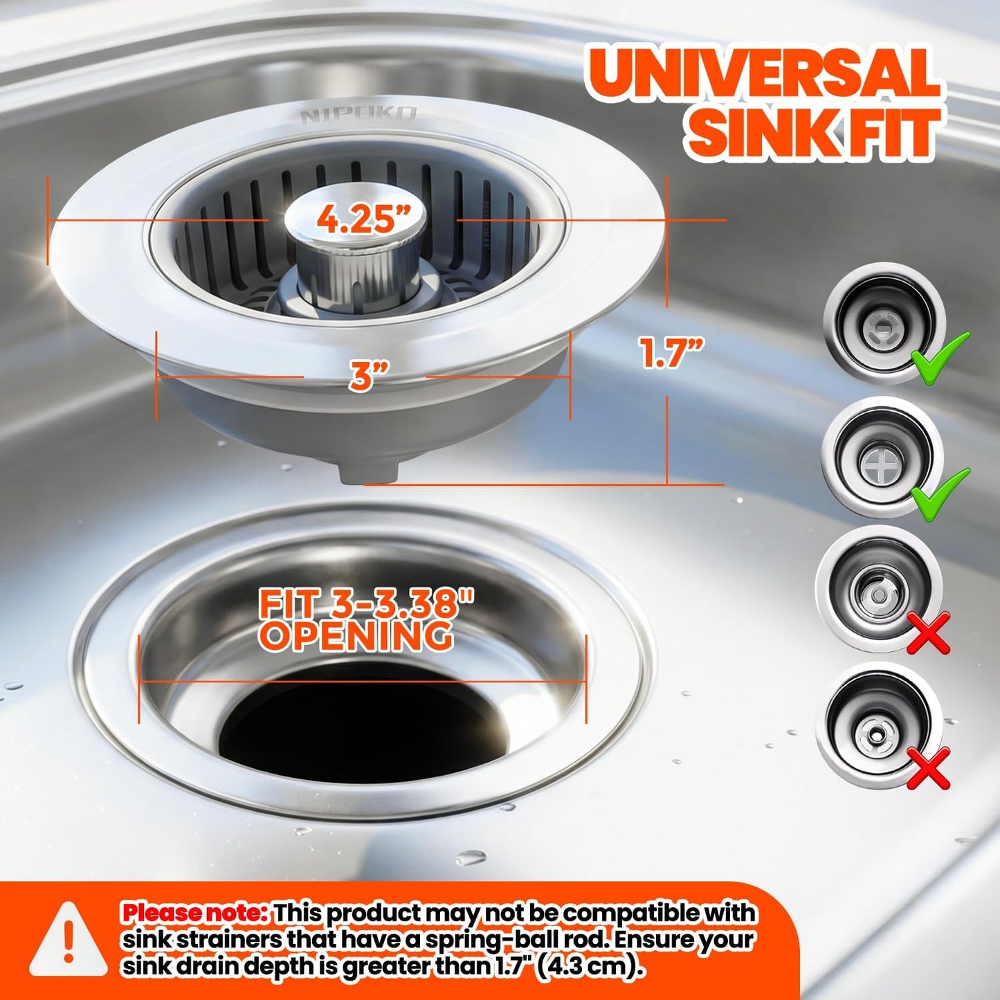 3 in 1 Kitchen Sink Drain Strainer Stopper Basket Pop Up Silver | Kitchen Sink Accessories Strainer Basket 2 Pack Silver,Stainless Steel Anti-Clog Catcher, Odor-Blocking Seal Fits 3.5" Drain