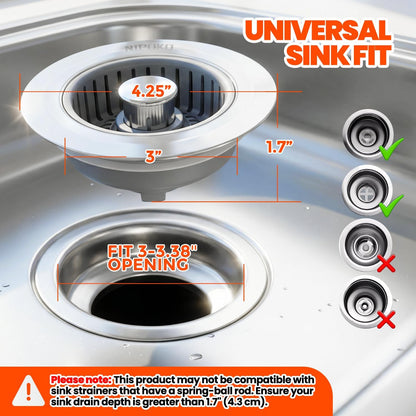 3 in 1 Kitchen Sink Drain Strainer Stopper Basket Pop Up Silver | Kitchen Sink Accessories Strainer Basket 2 Pack Silver,Stainless Steel Anti-Clog Catcher, Odor-Blocking Seal Fits 3.5" Drain