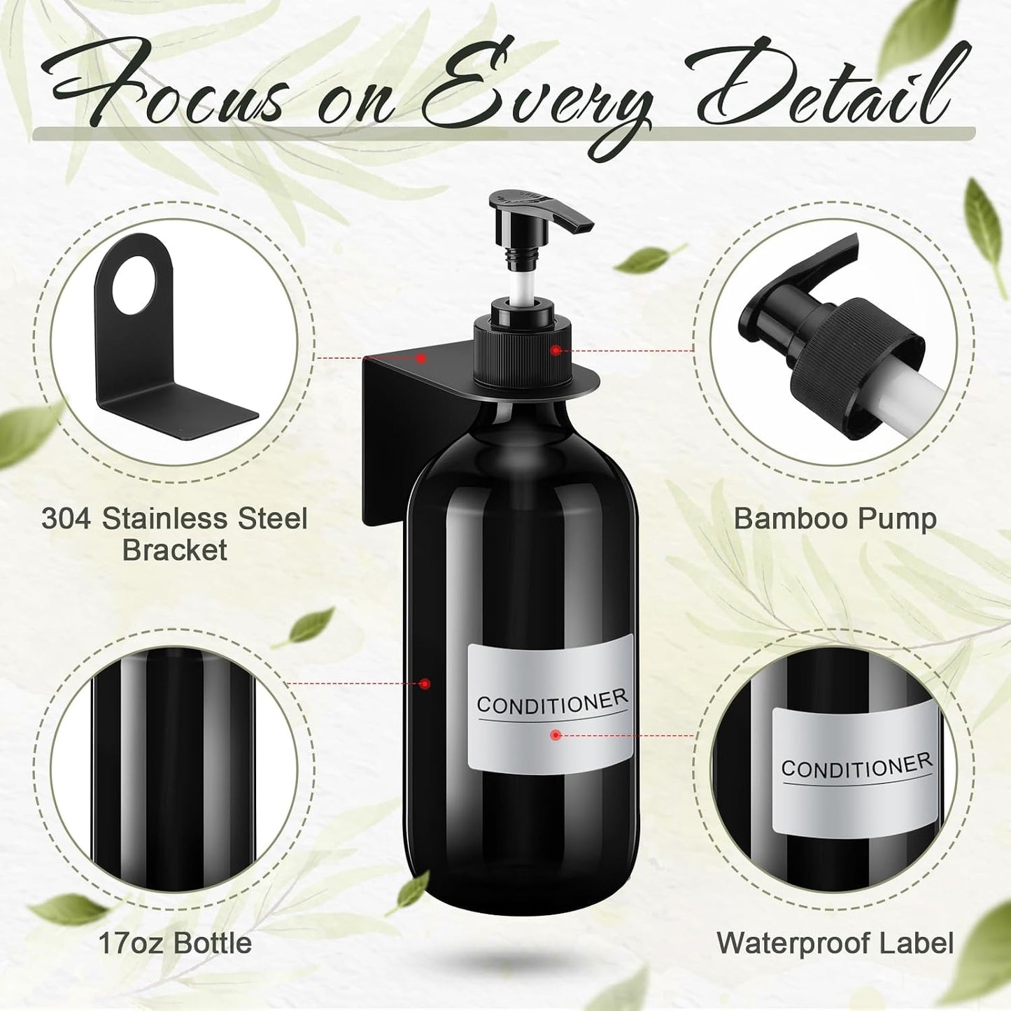 6 Pack Shampoo and Conditioner Dispenser Wall Mount 17oz No Drill Shampoo and Conditioner Dispenser with Matte Pump and Waterproof Labels Shower Soap Bottles Wall Mounted for Home Bathroom