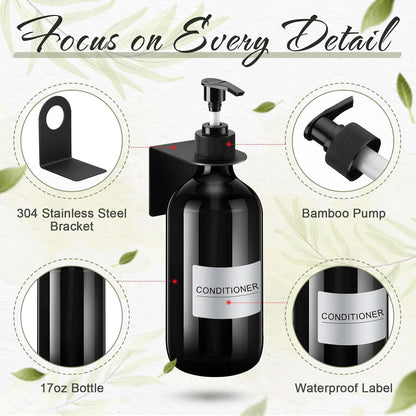 6 Pack Shampoo and Conditioner Dispenser Wall Mount 17oz No Drill Shampoo and Conditioner Dispenser with Matte Pump and Waterproof Labels Shower Soap Bottles Wall Mounted for Home Bathroom