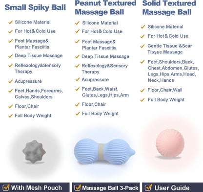 3-Piece Silicone Lacrosse Ball Set for Deep Tissue and Trigger Points - Smooth, Textured, and Spiky Massage Balls for Myofascial Release, Muscle Knots & Plantar Fasciitis