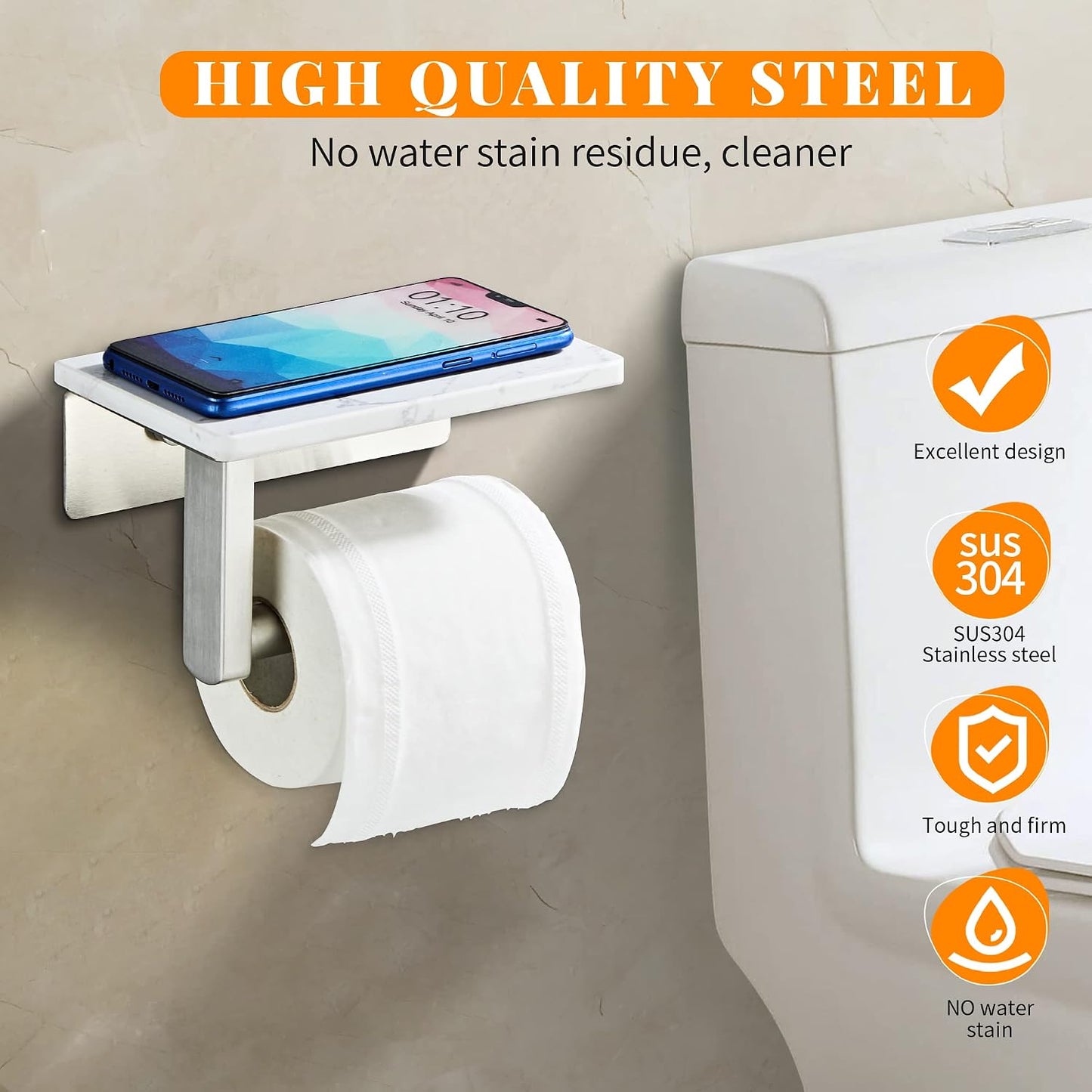 Brushed Nickel Toilet Paper Holder with Marble-Look Shelf, Wall Mounted SUS304 Stainless Steel Toilet Roll Holder with Phone Storage