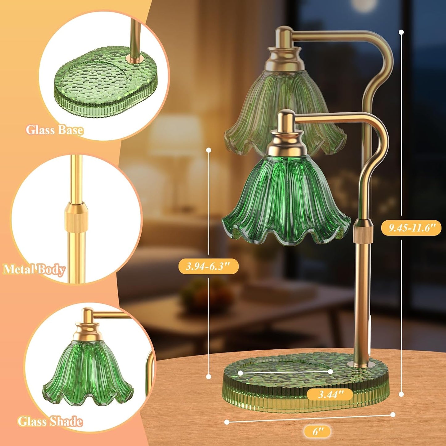 Flower Candle Warmer Lamp,Adjustable Timer & Dimmer(Green) | Adjustable height fits jars. Timer & dimmer safe melt. 2 bulbs & heat-proof base. Perfect for bedroom, office, or gifting.