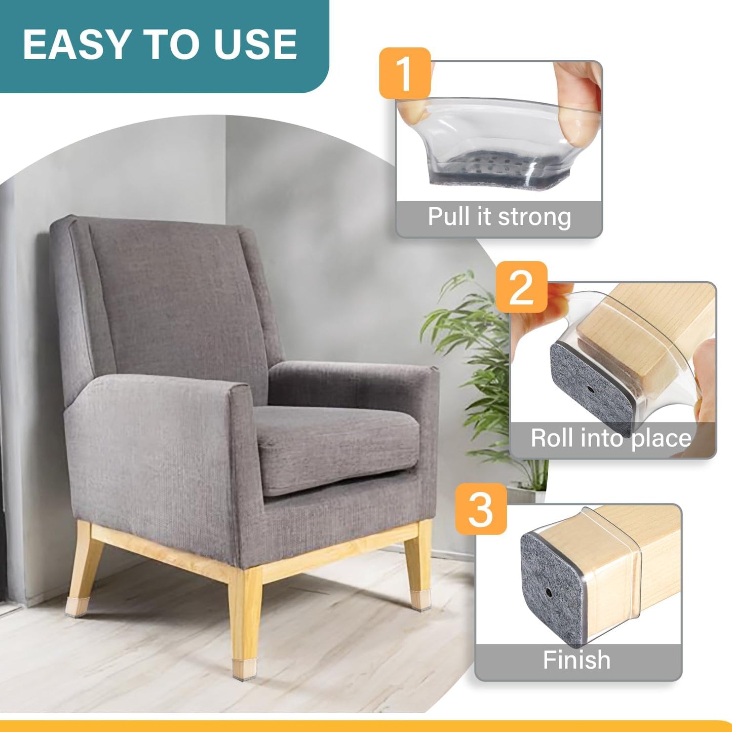 Ansible 24 Pcs Chair Leg Floor Protectors Square | Silicone Felt Furniture Leg Pads Caps Covers for Hardwood Floors (Fit:1-1/16" to 1-5/8")