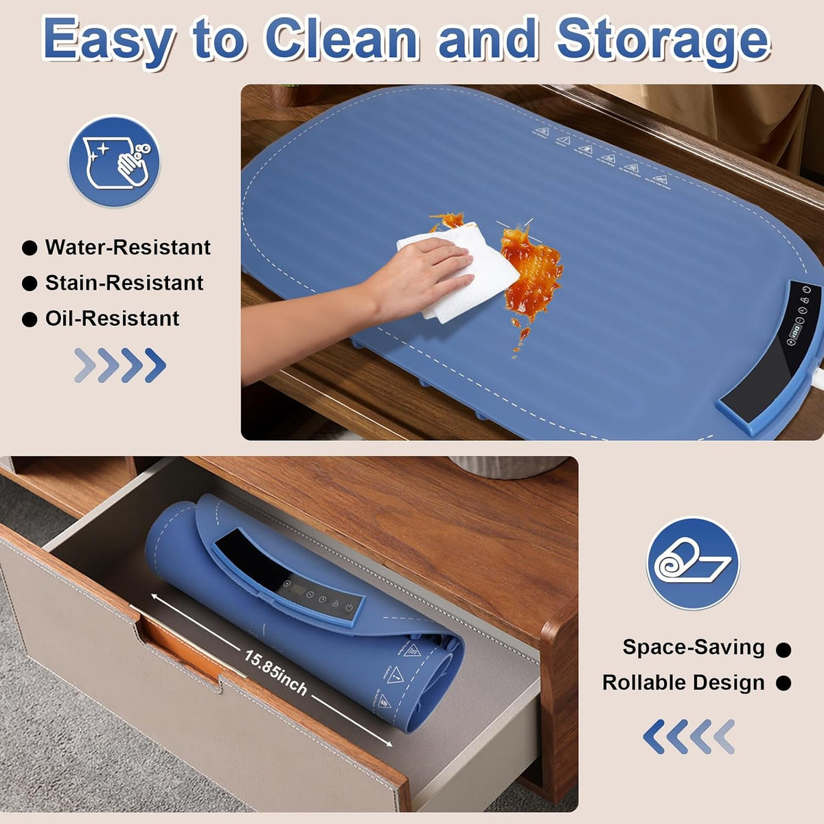 Food Warming Mats for Countertop - Warming Trays for Buffets Party, Silicone Electric Warmer with 7 Level Temp Adjustable / 4H Auto Timer, Hot Fast in 8s, Roll Up Heating Pad for Home Travel (Blue)