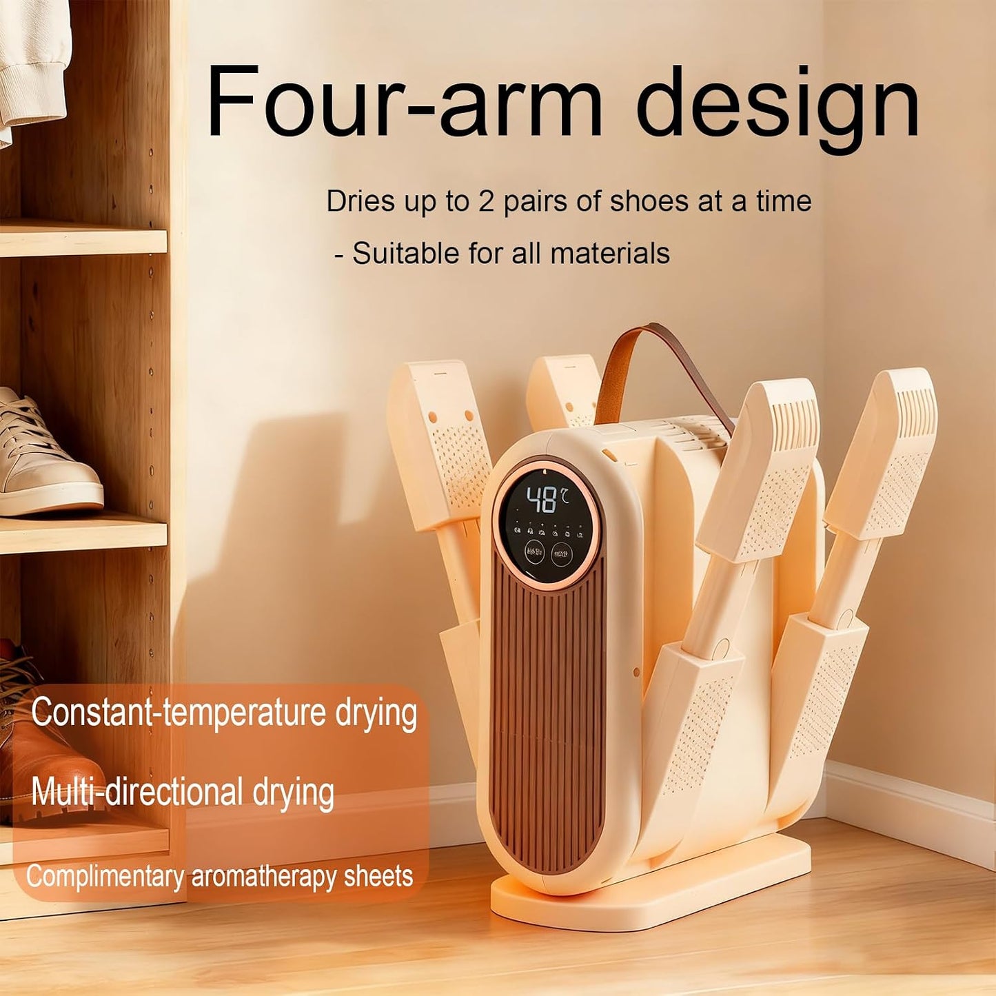 Portable Boot Dryer Folds for easy storage Constant-temperature dehumidification Features aromatherapy deodorization 360-minute timer 4 boot heaters Suitable for work boots ski boots sneakers socks