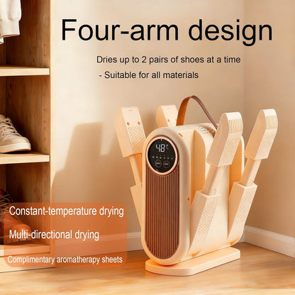 Portable Boot Dryer Folds for easy storage Constant-temperature dehumidification Features aromatherapy deodorization 360-minute timer 4 boot heaters Suitable for work boots ski boots sneakers socks