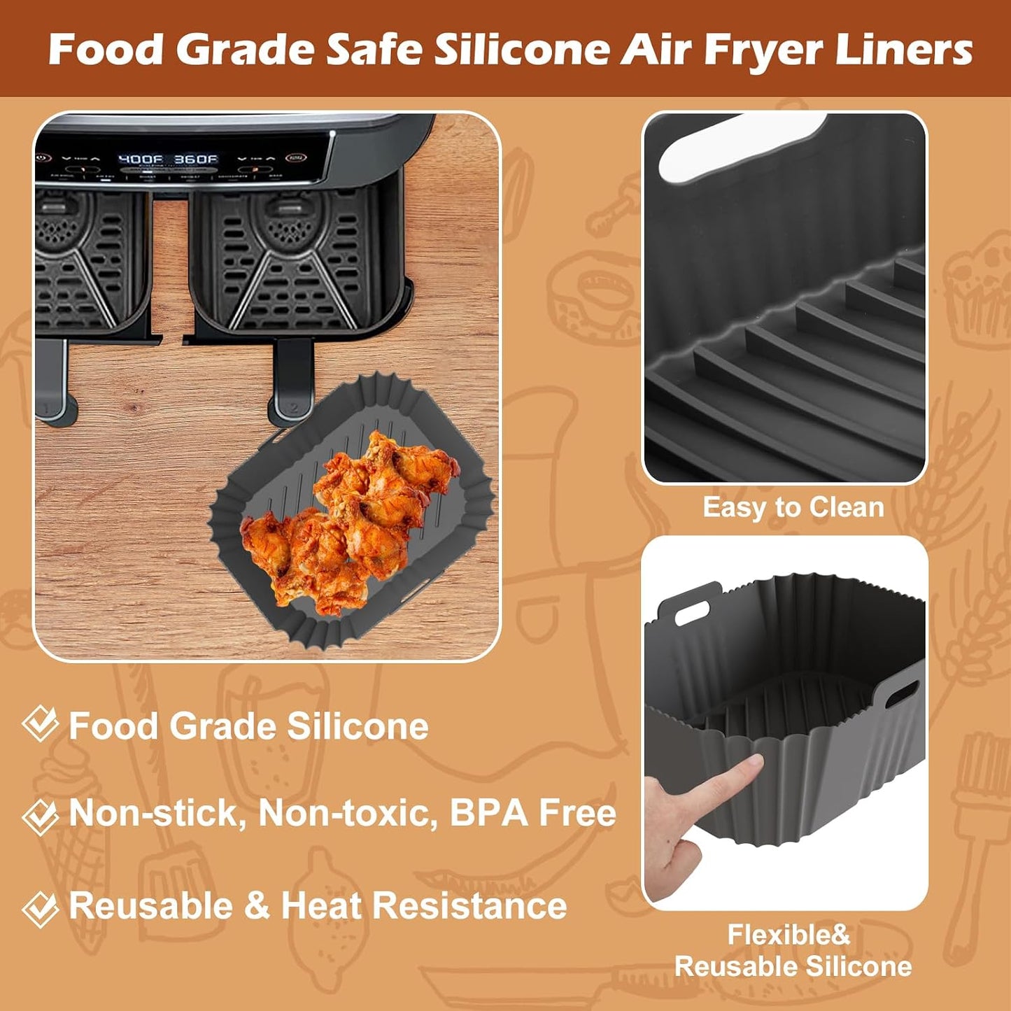 CEGOUT 2PCS Non-Stick Silicone Air Fryer Liners for Ninja DZ201/DZ401 DZ550 8-10 QT, COSORI 2 Basket Air Fryer, Baking Tray, Air Fryer Accessories