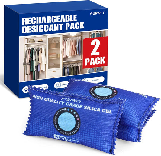 FURWEY 6 Pack Rechargeable Desiccant Packs for Storage, 100g Each, Blue | Color Indicating Silica Gel Desiccant Packets, Moisture absorbers for Storage,Dehumidifier bag for Closets,Cars,Storage Bins