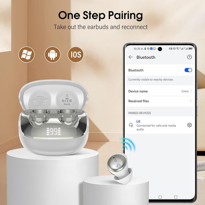 Sleep Earbuds Bluetooth 5.4, Mini Light-Weight Headphones for Side Sleepers | Features Sleep Mode & Built-in White Noise for Relaxing. 48H Battery & Clear Calls. Perfect Mini Earphones for Sound Sleep