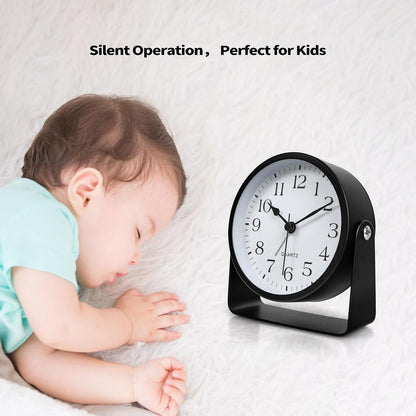 Desk Alarm Clock, Silent Non-Ticking Battery Operated Analog, Black
