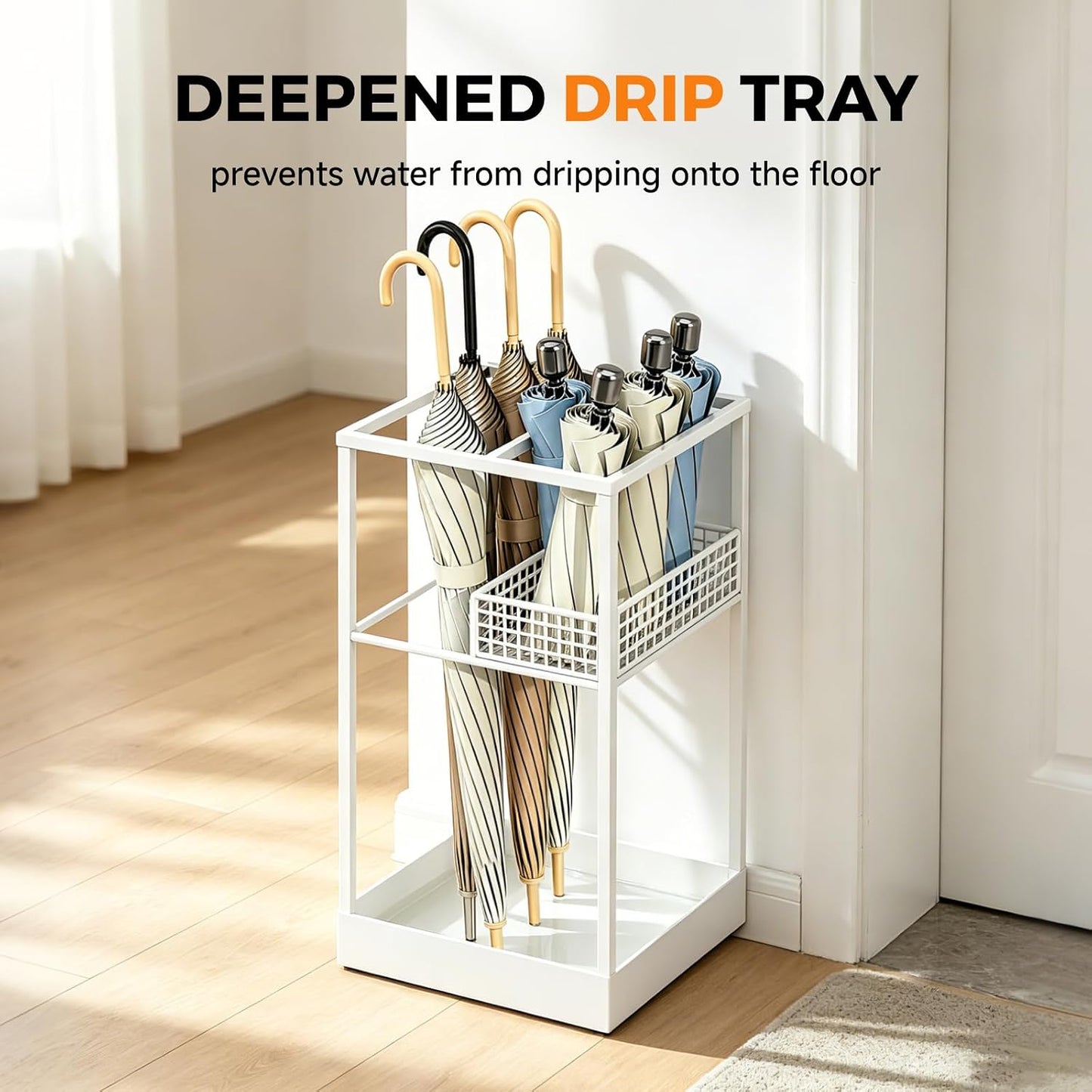 Freestanding Umbrella Stand Rack for Entryway, Metal Umbrella Holder with Removable Drip Tray and Storage Basket, Large Capacity Organizer for Long and Folding Umbrellas Indoor Office Home (Black)