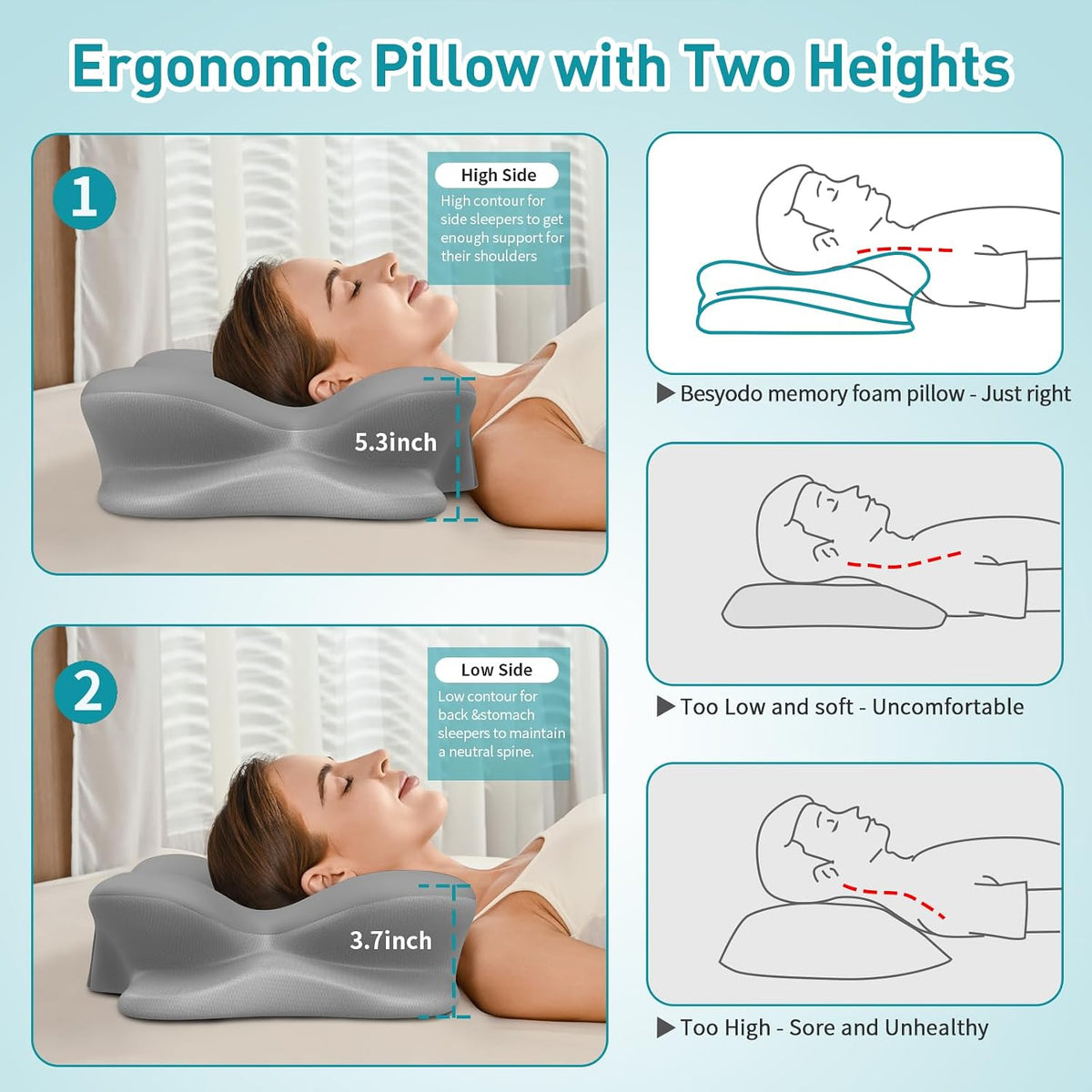Cervical Pillow for Neck Pain Relief, Ergonomic Neck Pillow for Sleeping, Contour Pillow for Neck Support, Memory Foam Pillows for Side Back Stomach Sleepers(White&Grey)
