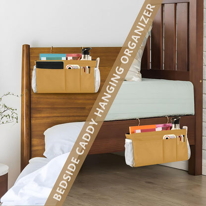 Black Bedside Caddy Storage Bag Bedside Organizer for Bed Rails College Dorm Room Organizer Caddy Hanging Shelf 6 Pockets with Hooks for Drinks Magazine Phone Holder