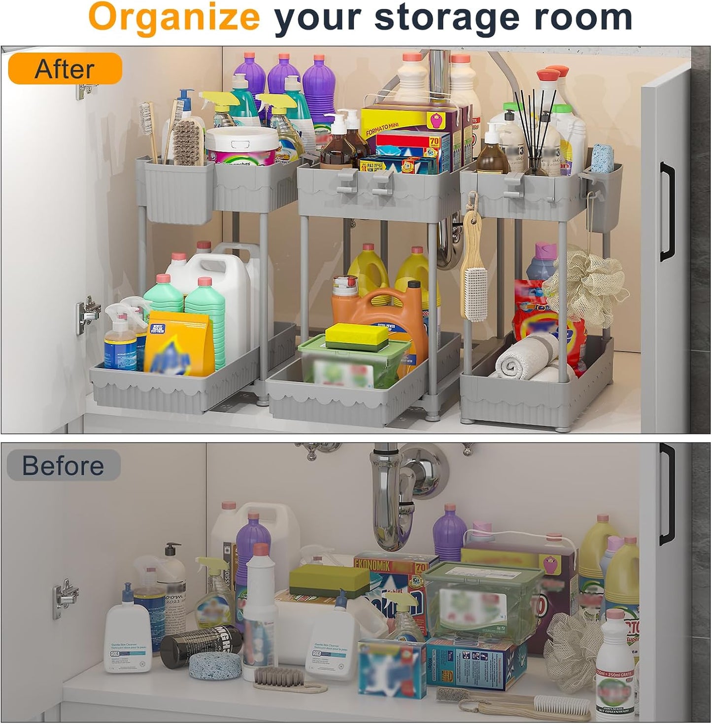 3-Pack 2-Tier Under Sink Organizers with Sliding Drawers | Multi-use kitchen & bathroom storage, 12.8 inch black cabinet organizer, space-saving sliding drawer design.