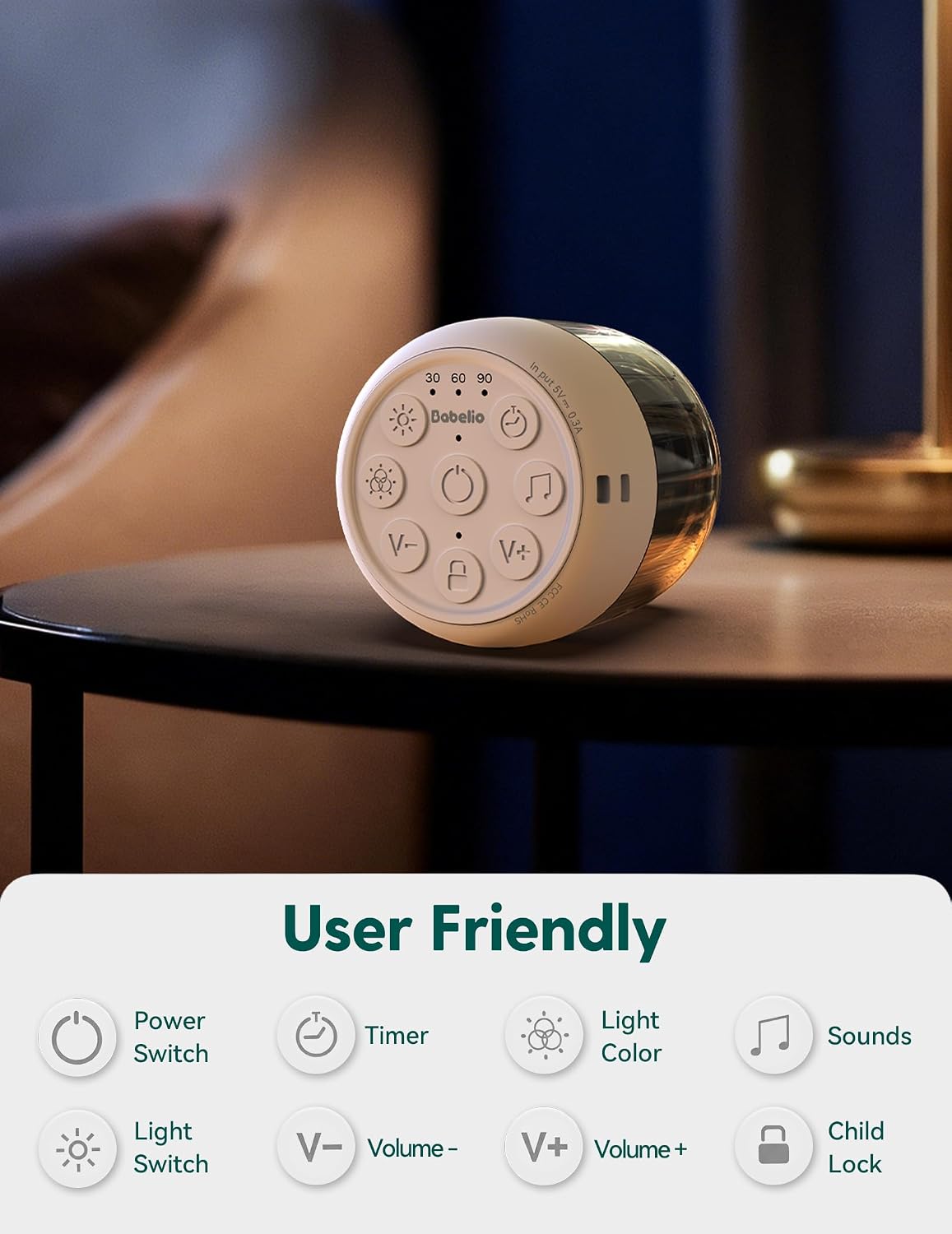 Babelio Pocket Glow White Noise Sound Machine - Upgraded 9 Color Night Lights, 20 Non-Looping Sounds, Timer & Memory Function, Portable for Adults & Babies, White