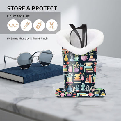 Plush Lined Eyeglasses Holder, Cute Magnetic PU Leather Glasses Stand Case for Women Men Kids