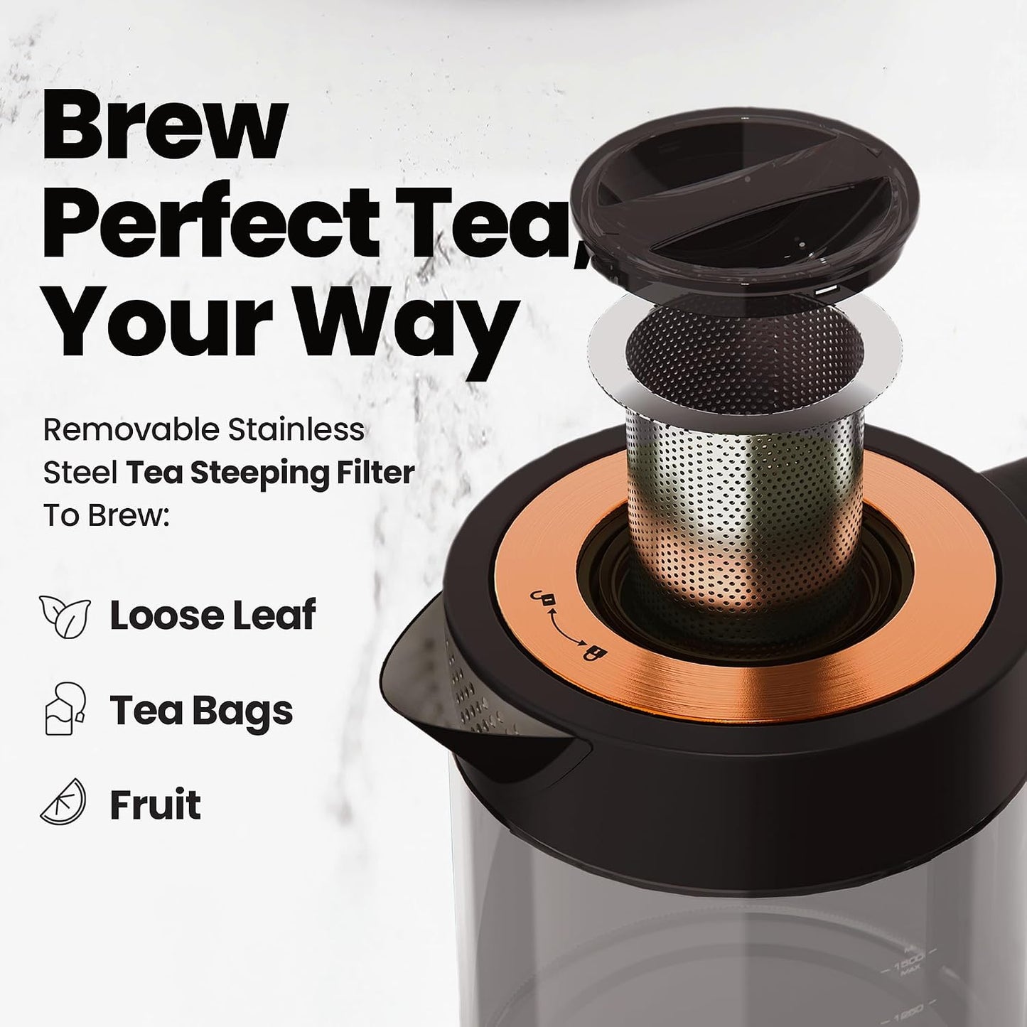 Viante Alba Electric Tea Kettle With Infuser, No Plastic, 1.5L | Borosilicate glass & 304 stainless steel construction. 4 temp presets, keep-warm, cordless, auto shut-off
