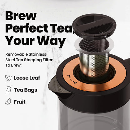 Viante Alba Electric Tea Kettle With Infuser, No Plastic, 1.5L | Borosilicate glass & 304 stainless steel construction. 4 temp presets, keep-warm, cordless, auto shut-off