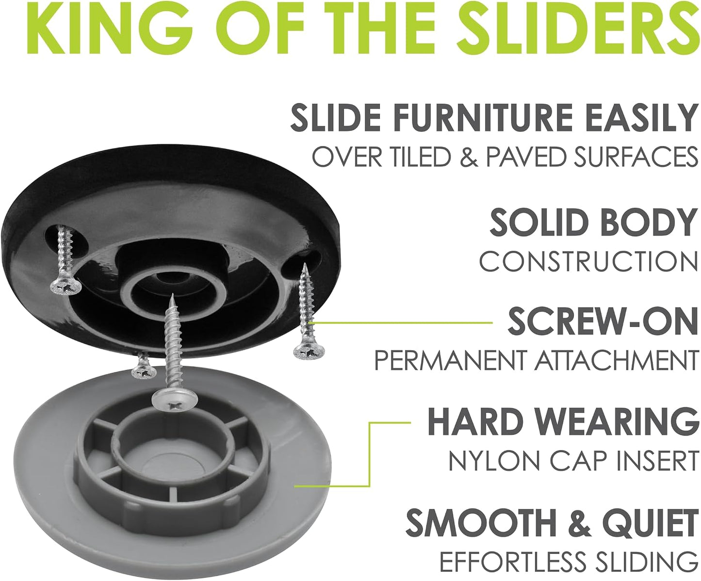 GorillaGlides 1 Inch Chair Sliders/Furniture Floor Protectors (16 Furniture Glides) Self-Adhesive Screw On Chair Glides for Sliding on Low-Pile Carpet & Hard Surface Floors, Round