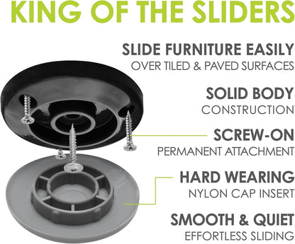 GorillaGlides 1 Inch Chair Sliders/Furniture Floor Protectors (16 Furniture Glides) Self-Adhesive Screw On Chair Glides for Sliding on Low-Pile Carpet & Hard Surface Floors, Round