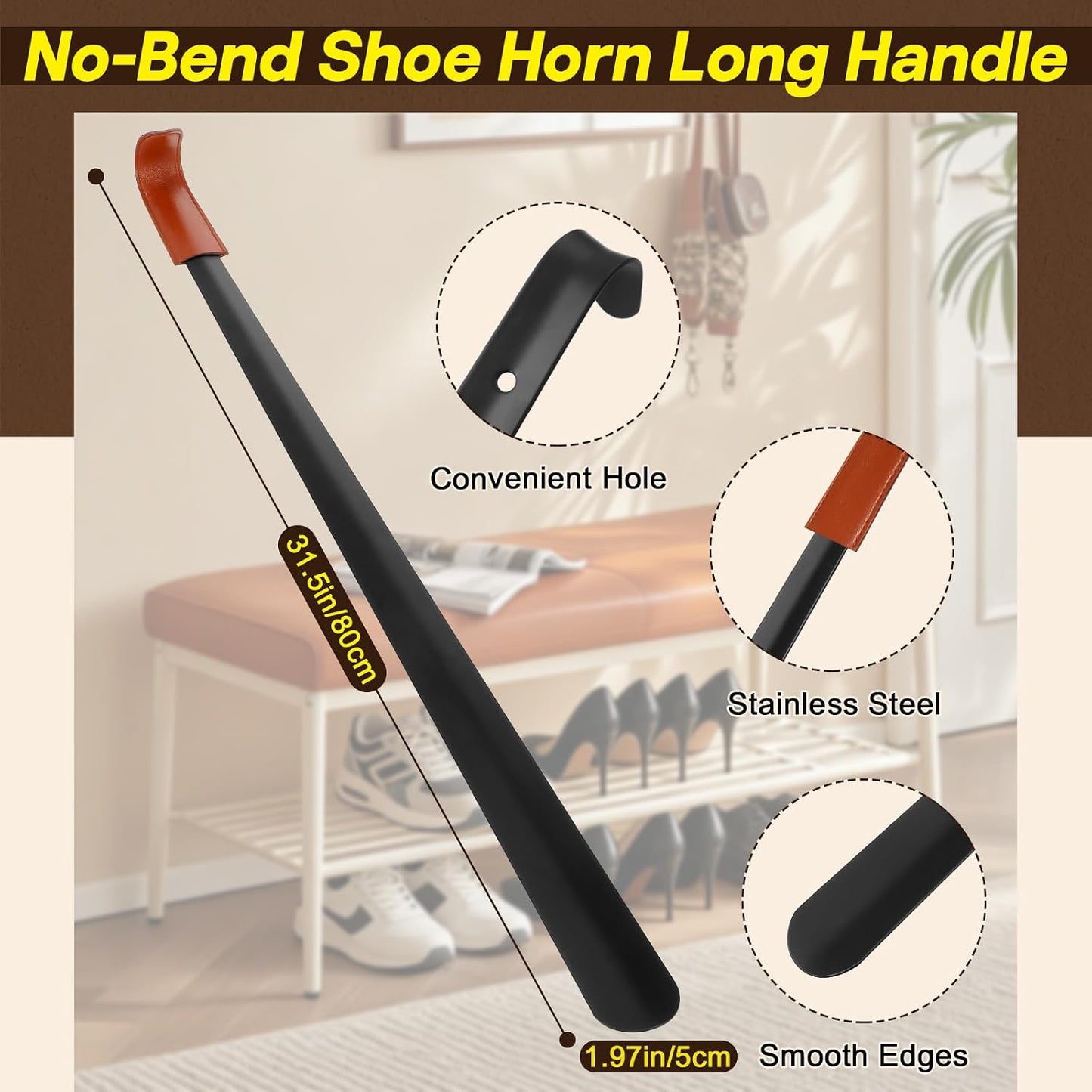 Redriver Extra Long Shoe Horn for Seniors, Metal Shoehorn Long-handle Shoe Spoon Stick Helpers Boot Horn for Men Women