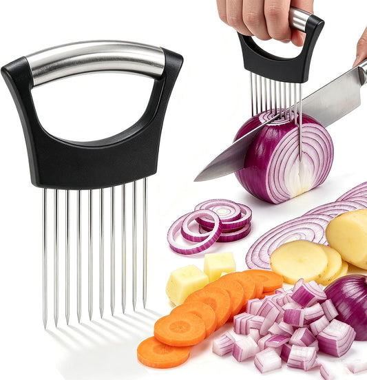 Stainless Steel Onion Holder for Slicing, Green | Vegetable Chopper Assistant, Protective Cover, For Tomatoes Potatoes Meat Lemon, Kitchen Gadget