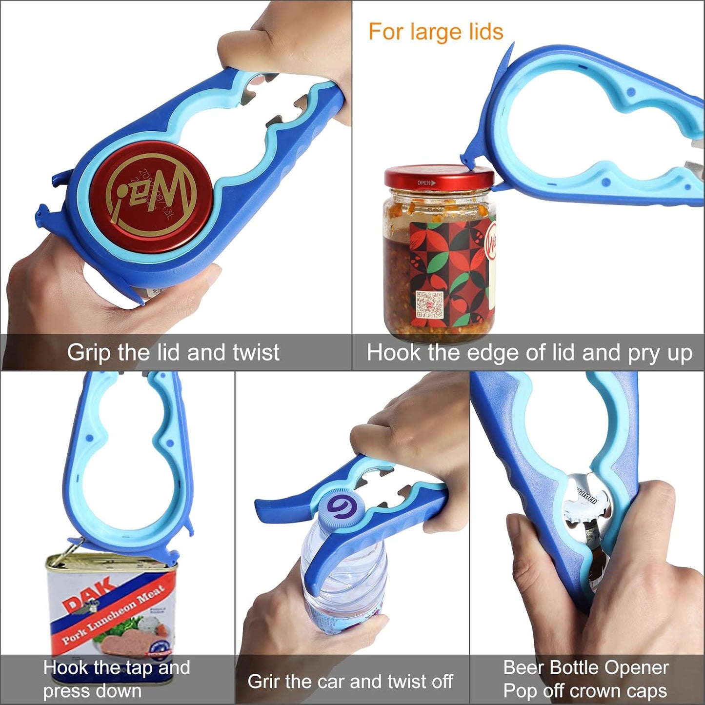 Jar Opener Bottle Opener for Weak Hands, 5 in 1 Multi Function Can Opener Bottle Opener Kit with Silicone Handle Easy to Use for Children, Elderly and Arthritis Sufferers (New red)