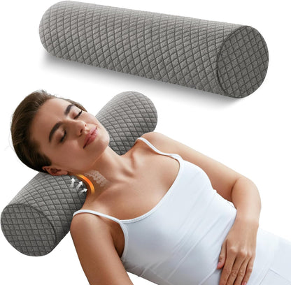 Memory Foam 4" Round Pillow, Cervical Neck Pillow for Pain Relief, Cylinder Pillows 18"x 4", Removable Cover, Neck Roll Pillow for Sleeping, Velvet Dots, Grey
