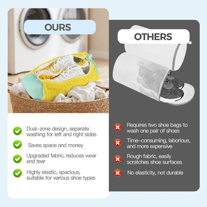 Dual Shoe Washing Machine Bag for Washer and Dryer Holds 2 Shoes (Yellow) | Reusable Laundry Shoe Bag with Microfiber Brushes, 360° Deep Cleaning, Self-Locking Zipper,Sneaker Tennis Shoe Cleaning Bag