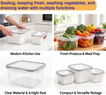 2-in-1 Stackable Food Storage Containers with Lids Airtight, 3 Size Fruit Vegetable Fresh-Keeping Saver with Drain Basket, BPA-Free Fridge Organizer for Berry, Salad, Meat & Produce