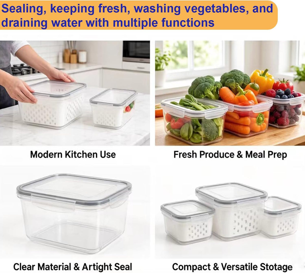 2-in-1 Stackable Food Storage Containers with Lids Airtight, 3 Size Fruit Vegetable Fresh-Keeping Saver with Drain Basket, BPA-Free Fridge Organizer for Berry, Salad, Meat & Produce