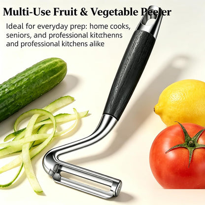 Large Y Veg Peeler, Wide Serrated Stainless Steel Blade Wood Handle | Practical cabbage peeler with built-in potato eye remover, lightweight compact kitchen tool. Ideal gift for home cooking