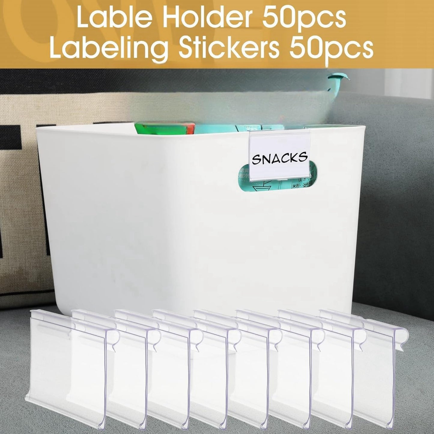 50pcs Labels for Storage Bins Plastic Label Clip, Basket Labels Clip On Wire Shelf Price Label Holder Merchandise Sign Display Holder, 50pcs Label Insert Included (1.96IN*1.65IN)